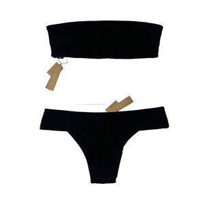 SKIMS Knit Swim Bandeau Bikini Top & Cheeky Bikini Bottom Size L Onyx NWT